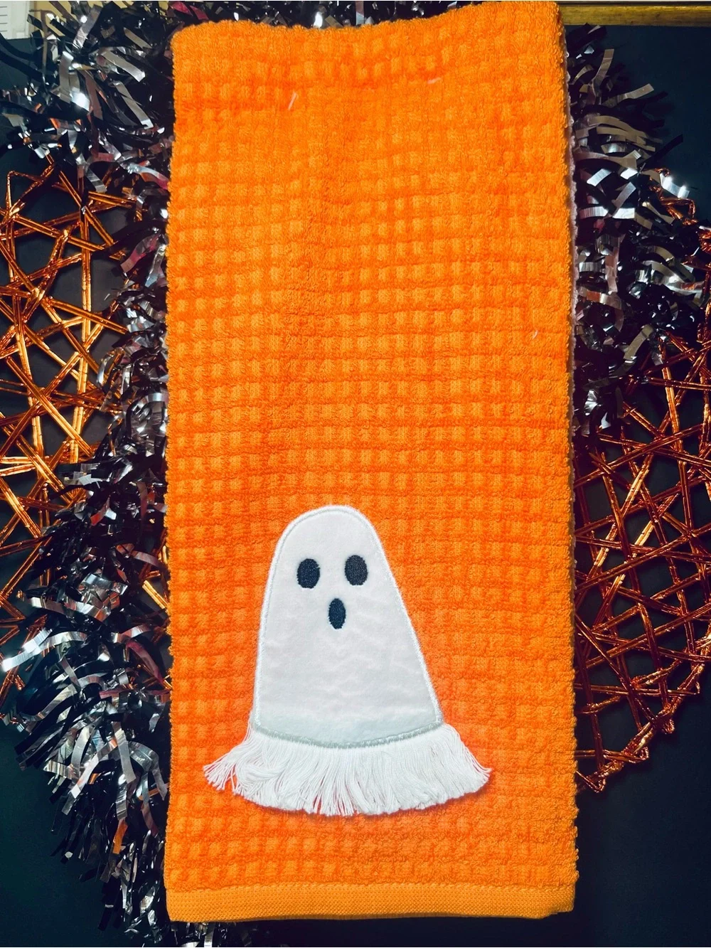 3 Halloween Kitchen Towels Ghost Applique Bright & Light Pink Orange Waffle